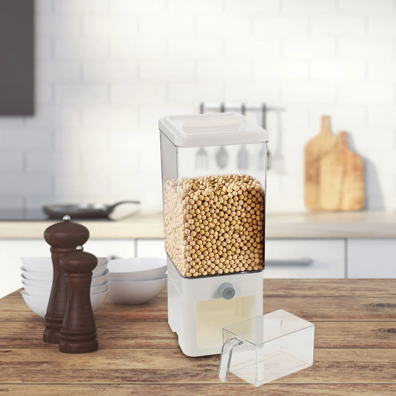 

Rice Bucket Storage Container White Large Opening Dispenser Countertop Fill Measure Cup PET PP Dry Food Holder
