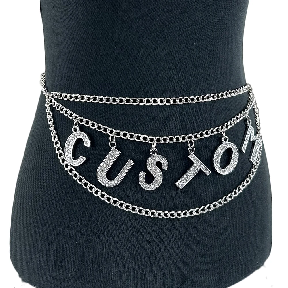 Adjustable belt with silver tone‎ chain, and rhinestone 1 inch letters DARLIN Rhinestone Cowboy Womens Chain Belt - SILVER - ONE SIZE | Tillys main image 3