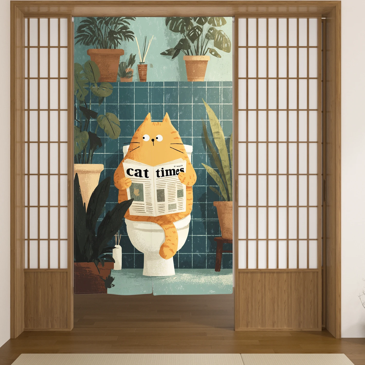 

Японская занавеска-норен в стиле укиё-э с изображением кошки, минималистичная, в натуральном стиле, для балкона, раздвижных дверей и входа в чайную комнату. Прочные материалы.