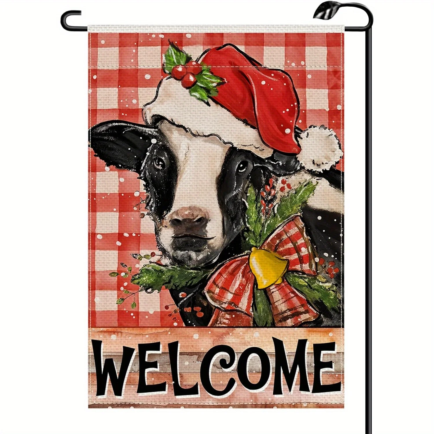 Christmas Cow Welcome Garden Flag 12x18 Inch Vertical Double-Sided Winter Xmas Santa Hat Design with Red Buffalo Plaid Check