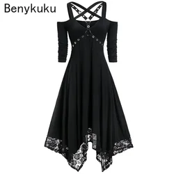 Black Goth Lace Patchwork Punk Rock Dress Off Shoulder Gothic Women Cross Strap Plus Size Sexy Irregular Vintage Midi Dresses