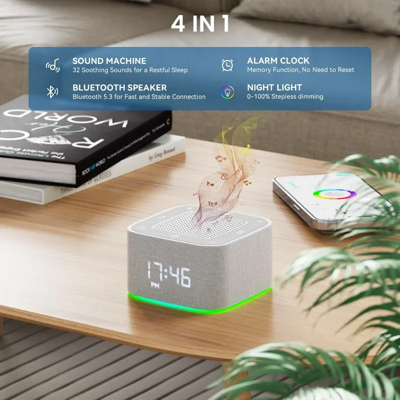 White Noise Sound Machine with Alarm Clock Bluetooth Speaker & Colorful Night Lights 32 Soothing Sounds Ideal Christmas Gift