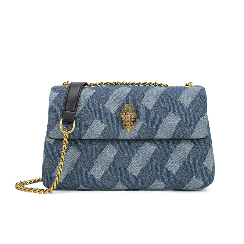 KURT GEIGER-Sac à Bandoulière Imprimé Patchwork pour Femme, Léopard, Initié, Street Shoot Chic, Denim Wash Denin Weave