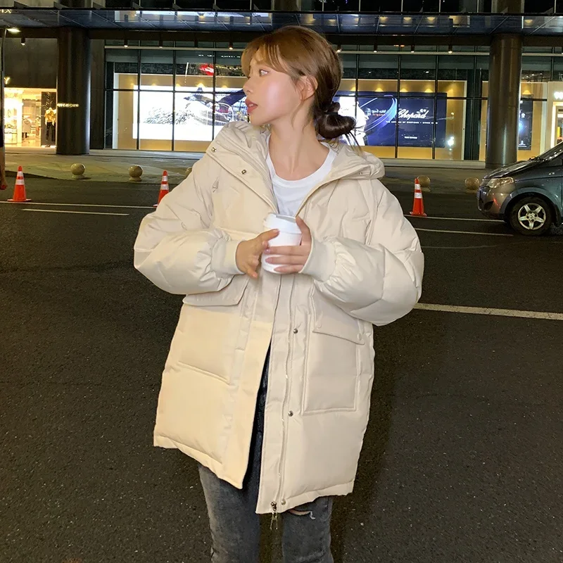 Winter Solid Women Warm Hooded Puffer Coat Casual Loose Zipper Down Cotton Parkas for Female Loose Outwear Cotton Padded Jacket