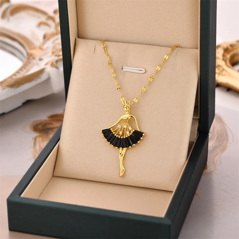 Trendy Top Grade Zircon Ballet Girl Pendant Necklace for Women Fashion Stainless Steel Chain Female Jewelry Girls Gift Wholesale