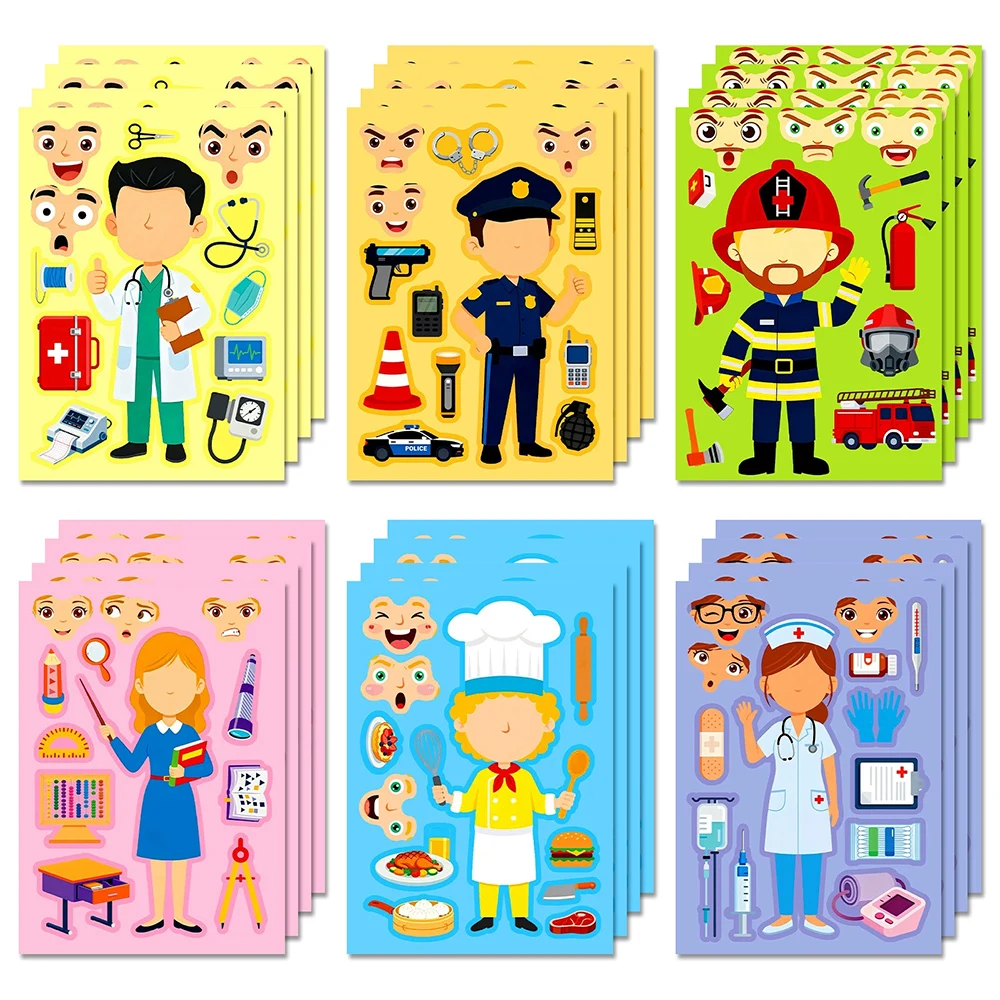 

6/12sheets Cartoon Police Doctor Firefighter Puzzle Stickers Make a Face DIY Funny Assemble Jigsaw Educational Toy Decals Gifts