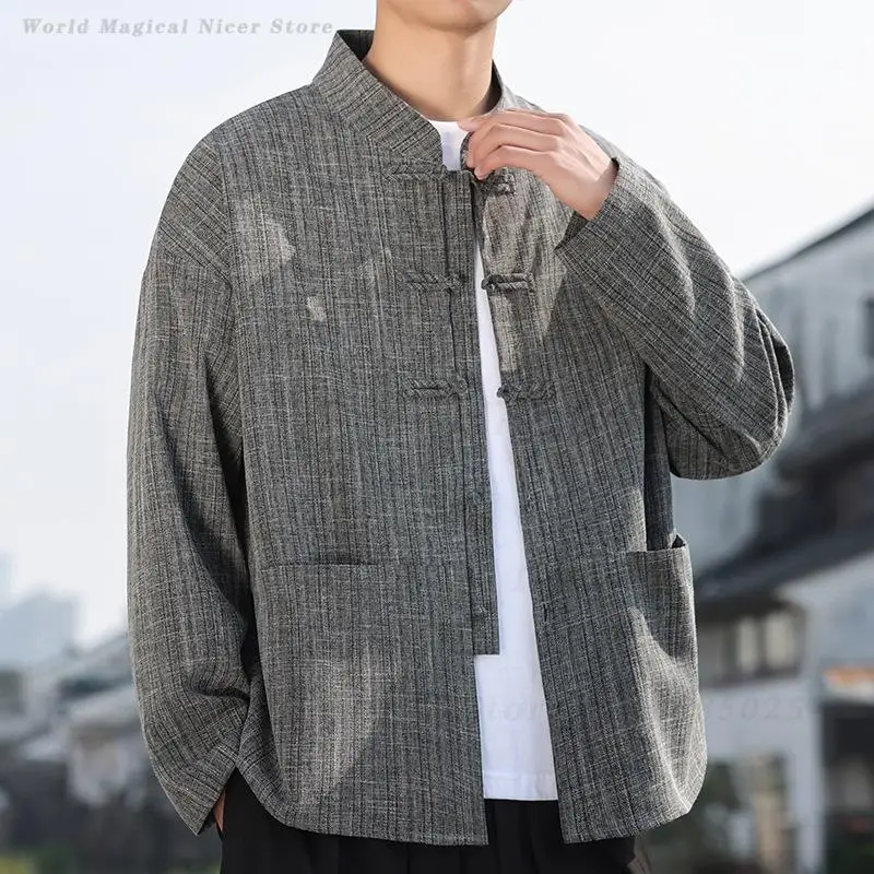 Autumn Men Tang Suit Jacket Chinese Style Frog Button Shirt Modified Hanfu Loose Casual Long Sleeve Daily Outerwear Kung Fu Top
