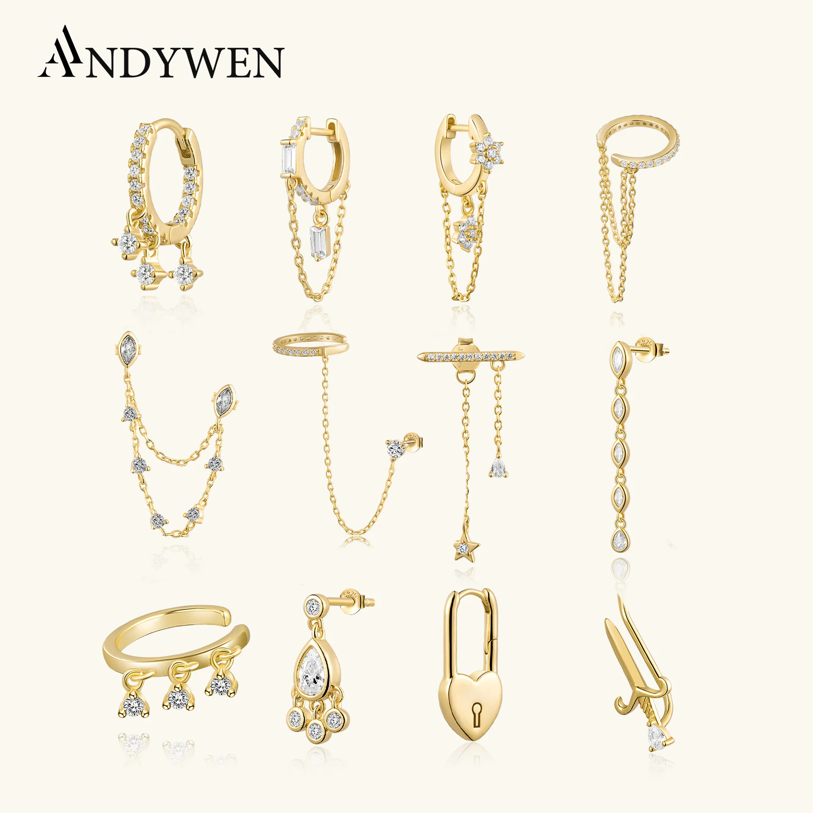 Image: ANDYWEN 925 argent Sterling or Flirt goutte boucle d'oreille Teadrops Pendietes fantaisie pavé manchette clair de lune Petite Clips Piercing bijoux