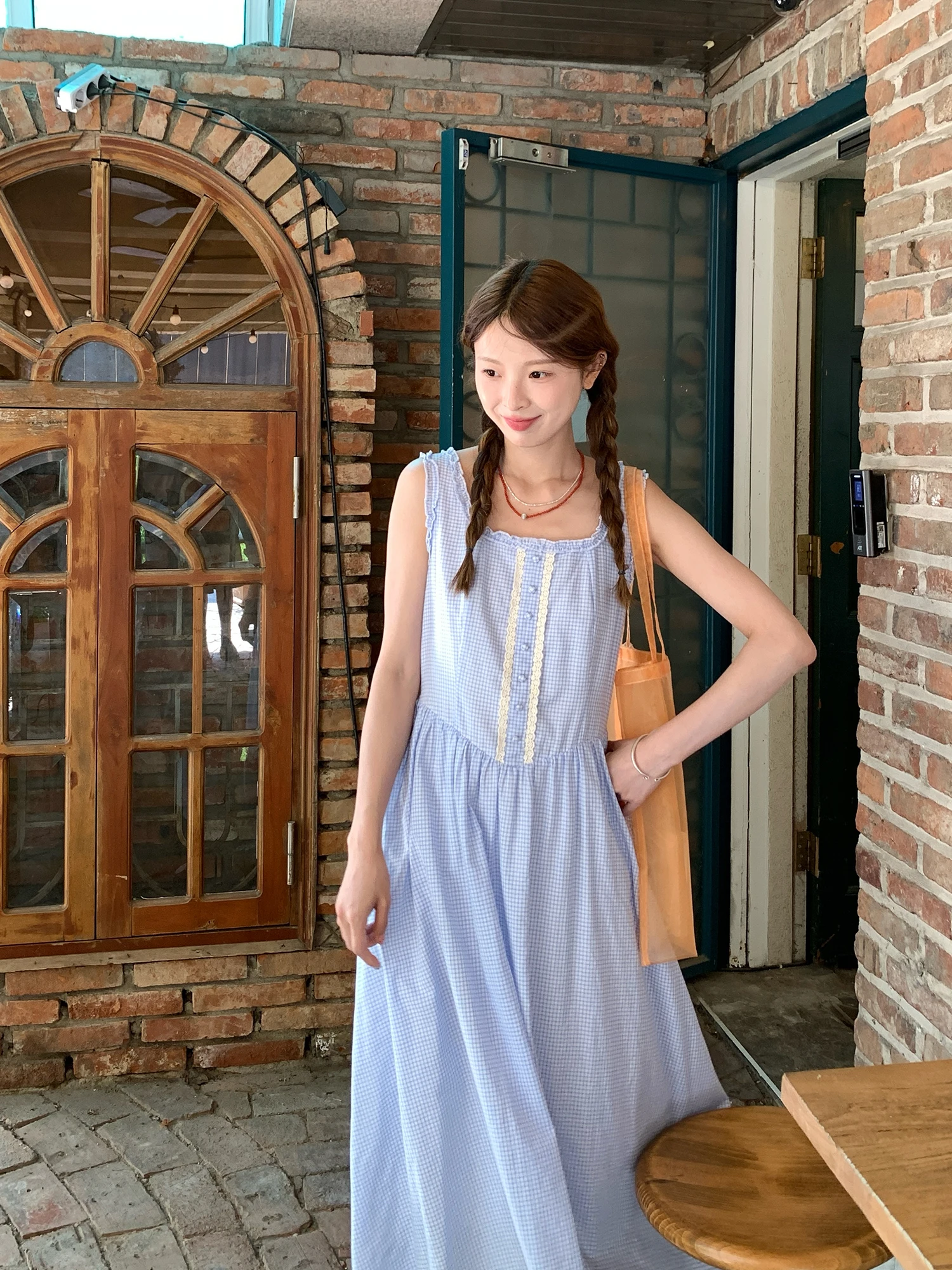 Damska luźna spódnica midi w stylu vintage z okrągłym dekoltem, w kratę, z koronkowym wykończeniem, idealna na lato, słodka, swobodna, w kształcie litery A.