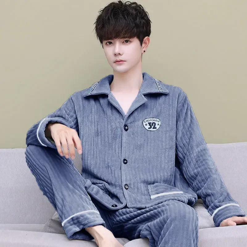 Coral Velvet Sleepwear Men Pajamas Set Warm Button Thick Long Sleeve Pants Nightwear Flannel Homewear Sets Korean Fashion New