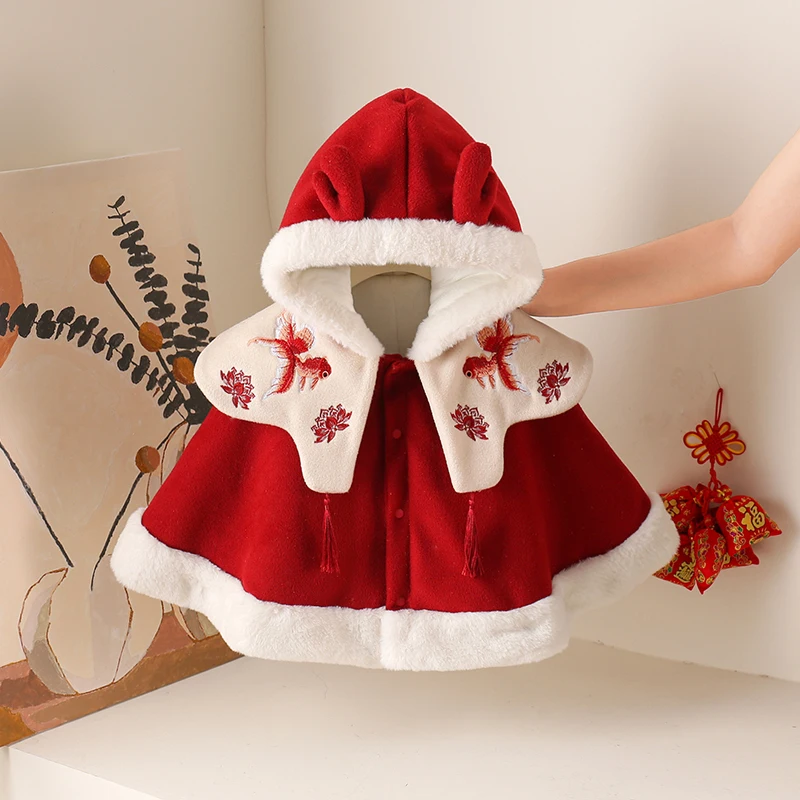 Thiened Fluffy Baby Girl Autunno Inverno Outfit Coperta antivento Cowl Coat Neonato Gita Vestiti Pantaloni lunghi a vita alta