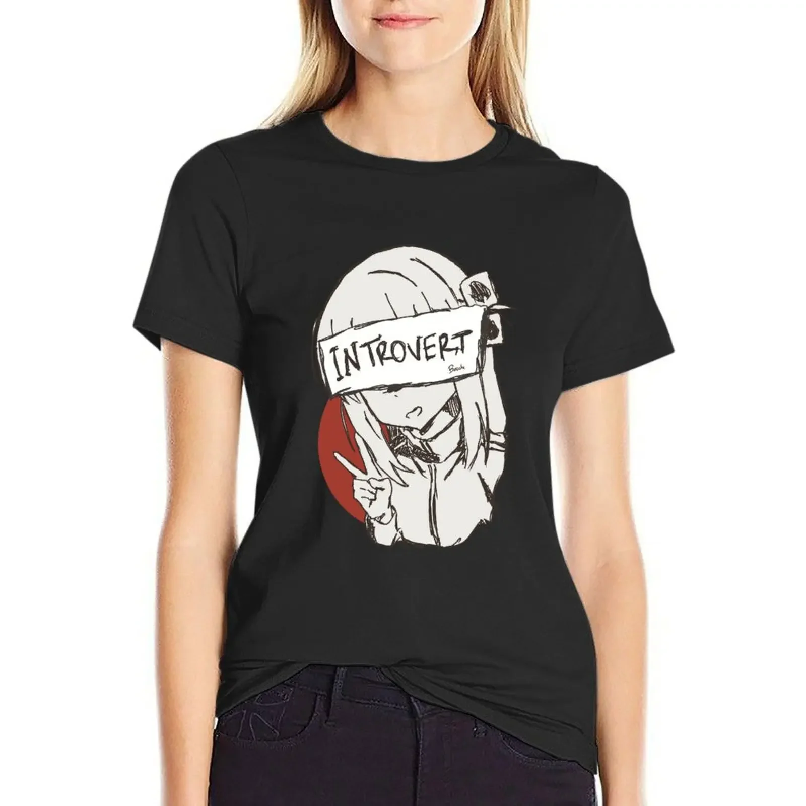 

Bocchi the rock Hitori gotou Peace hand sign with red circular in Black and white sketch and ahegao girl style T-Shirt