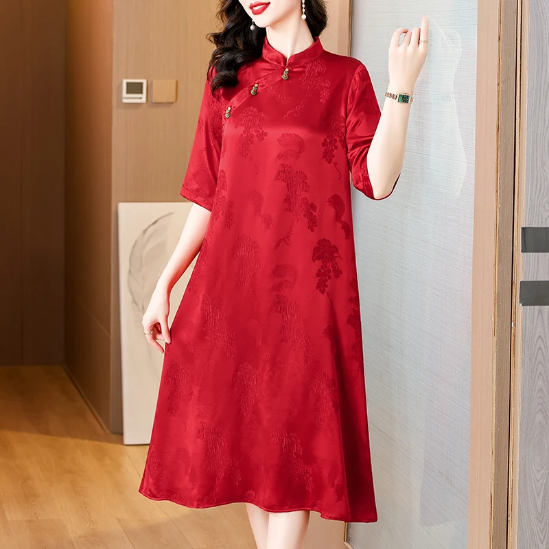 2024 Summer New Red Silk O-neck Short sleeved Dress for Women's Moms Loose Large Size Knee length Cheongsam Long Dress