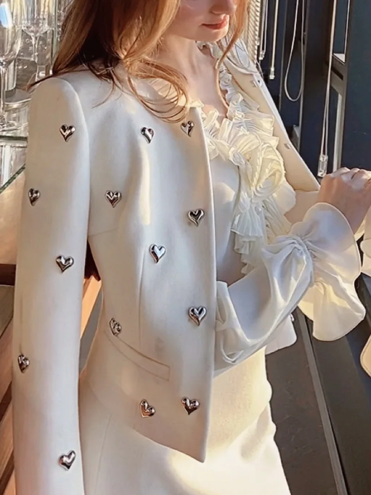 Dabuwawa Spring Autumn Female Trend Effortless Chic Rivet Heart Decorated Long Sleeve Short Coat Jacket 2023 DM1AOT002