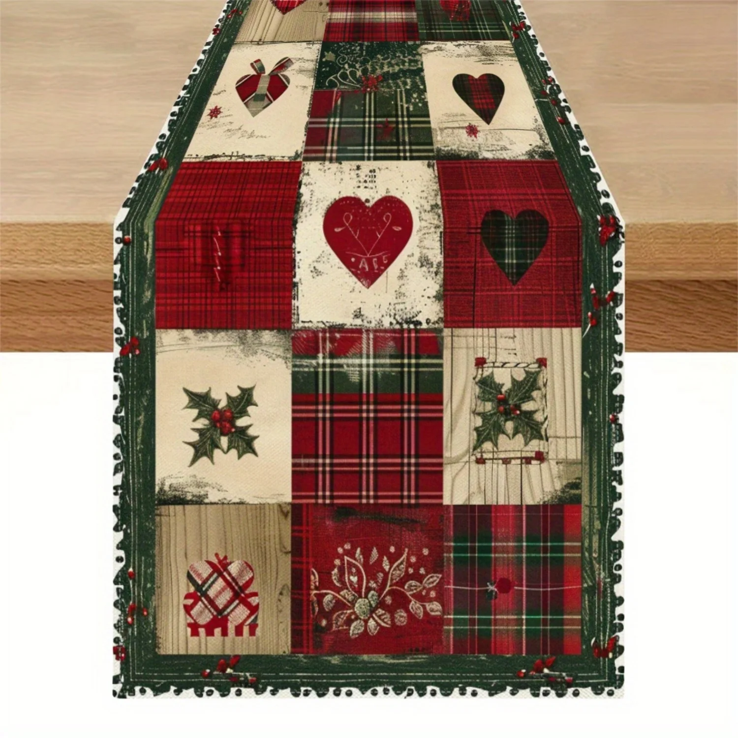 1 Stück, Tischläufer mit Patchwork-Karomuster, bedruckt, für Weihnachten, Steppdecke, Vintage, festliches Polyester, langes Tuch