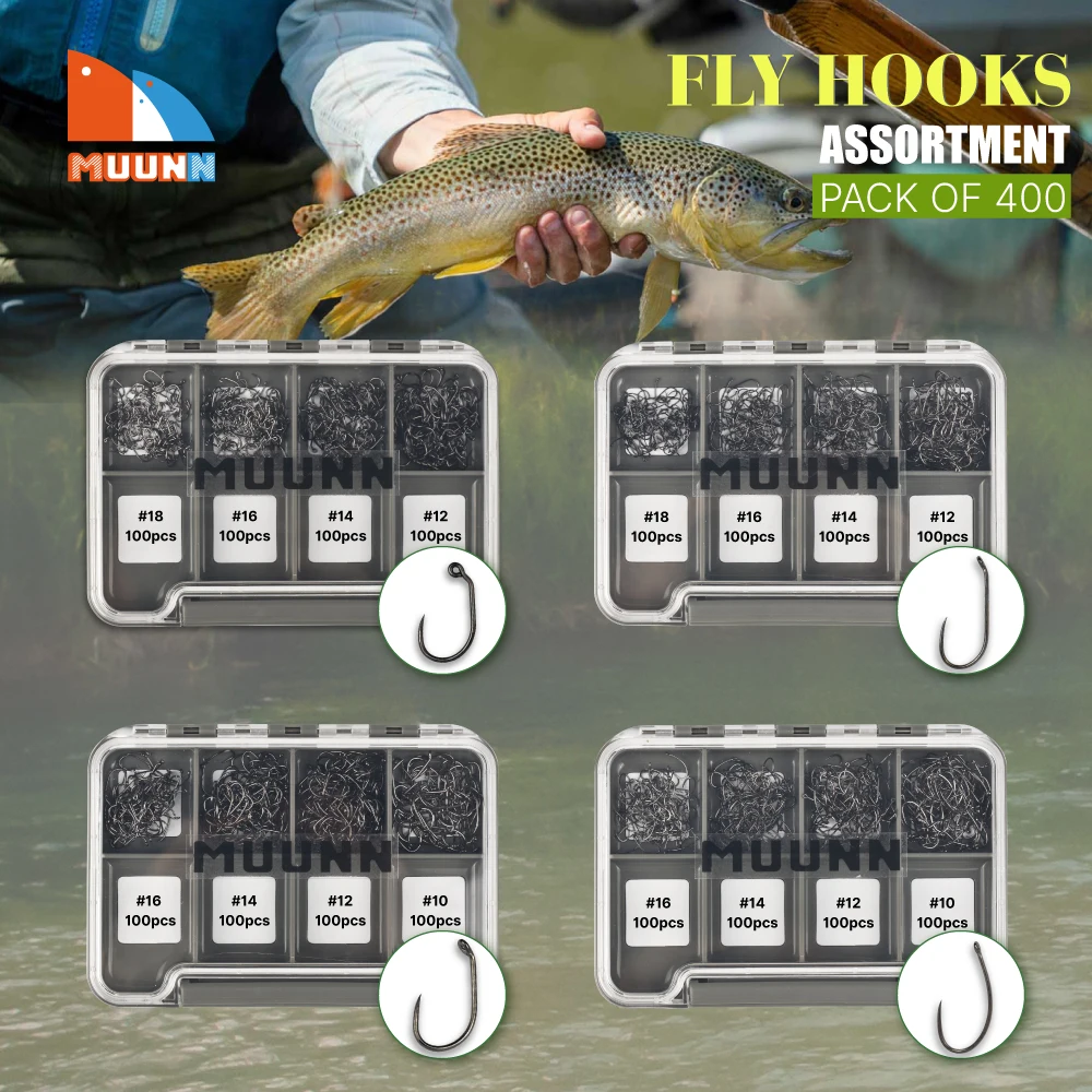 

MUUNN 400PCS Fly Tying Hooks Set, Flyfishing Hook Combo #10-#18,Dry Nymph Shirmp Wide Gape Jig Wet Caddis,Barbless Hooks