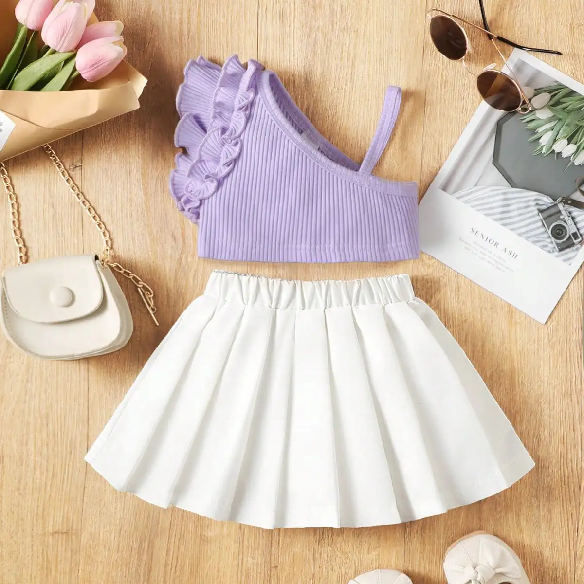 Summer baby fashion two-piece dress casual sleeveless set skirt pleated skirt