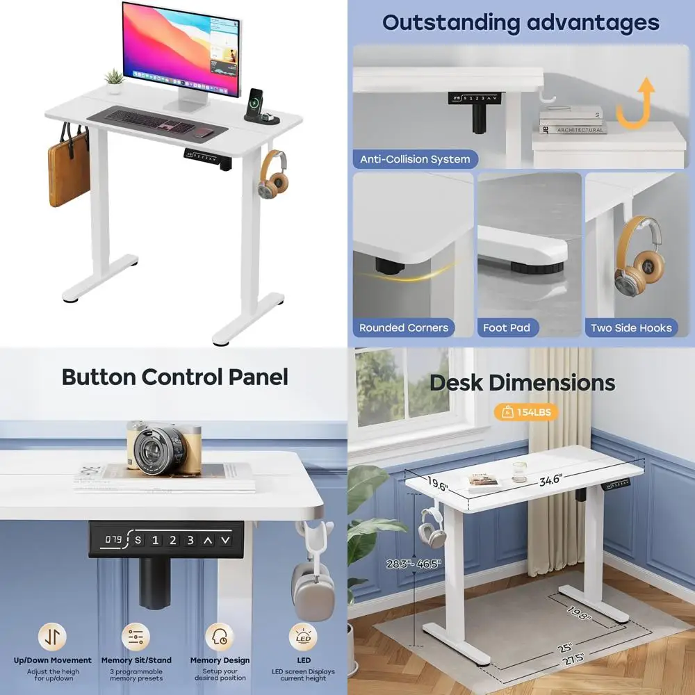 

Space-Saving Electric White Desk, 35x20 Height-Adjustable Compact Sit-Stand Workstation with Split Surface