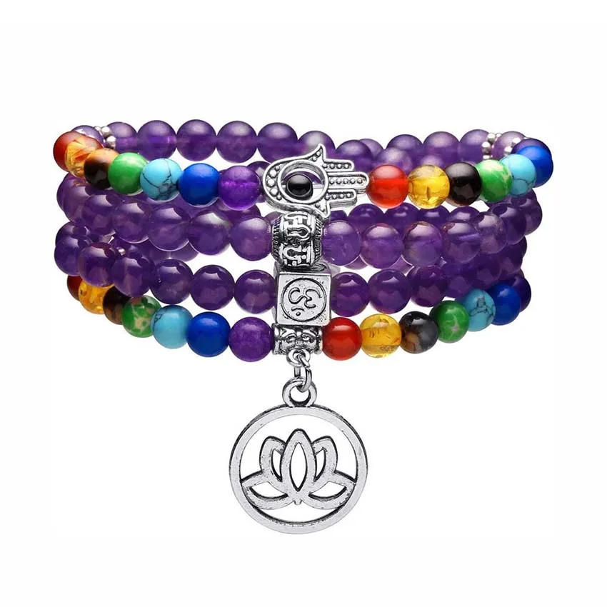 

Natural 7 Chakra Crystal 108 Mala Stone Beads Bracelets Lotus Yoga Meditation Hand Knotted Mala Prayer Beads Necklace Jewellery