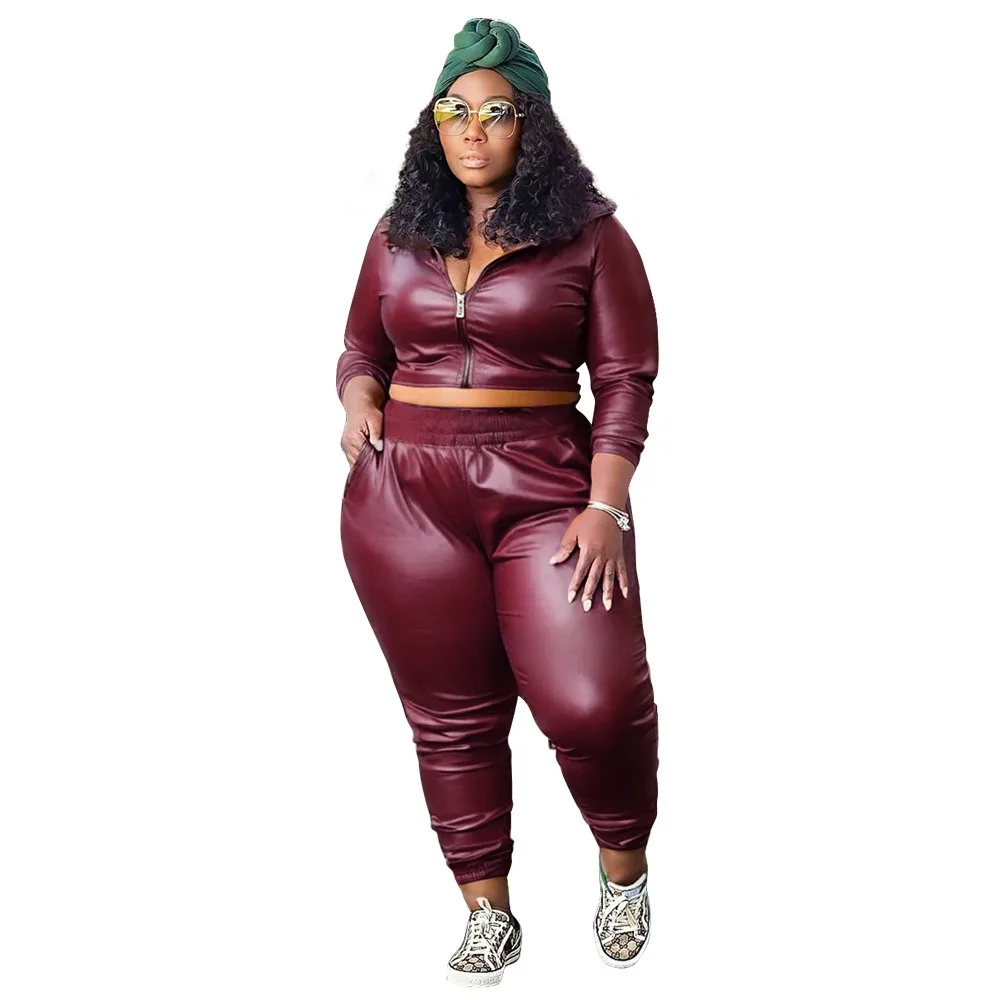 L-4XL African Plus Size Women Clothing Two Piece Sets 2024 Solid Color PU Long Sleeve Coat and Pant Suits Casual Sport Outfits