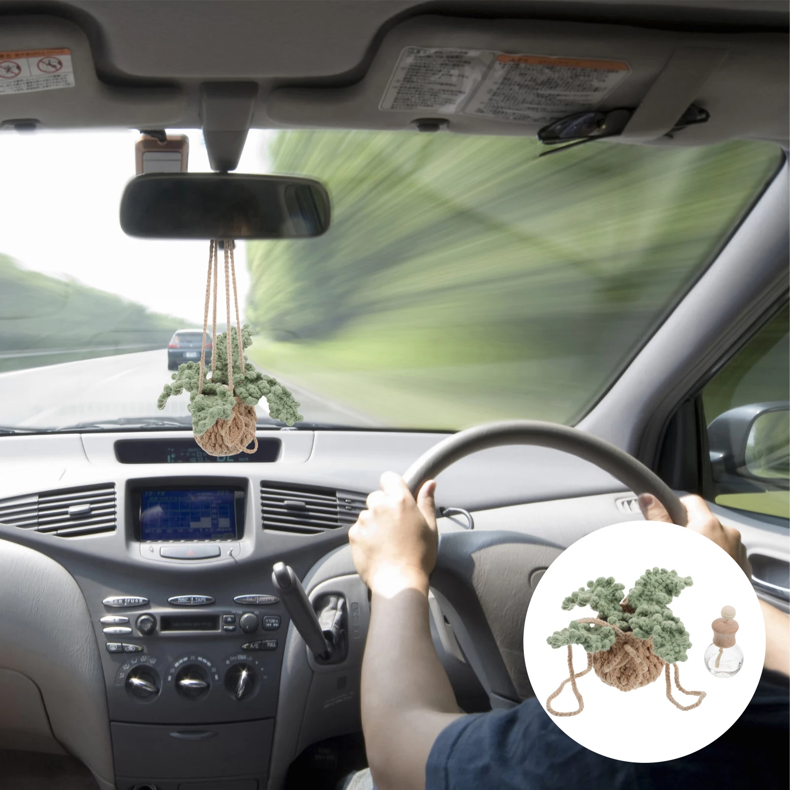 

2pcs Cute Crochet Plant Hanging Ornament Knitted Basket Flower Rearview Mirror Accessories Lightweight Durable Hanging Plant For