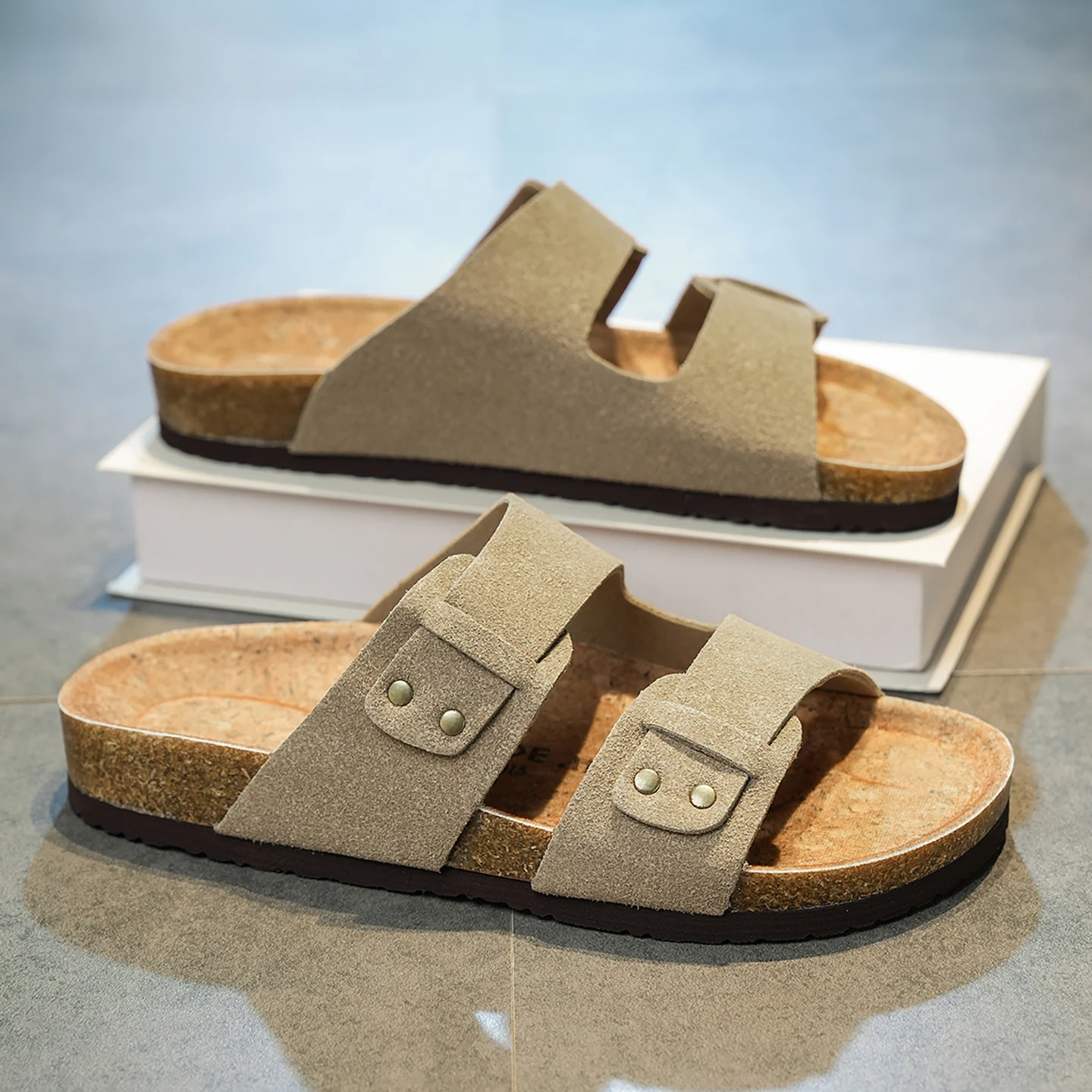 Vintage Style Unisex Double Buckle Flat Beach Slide Sandals with Cork Insole – Casual Comfort for Summer