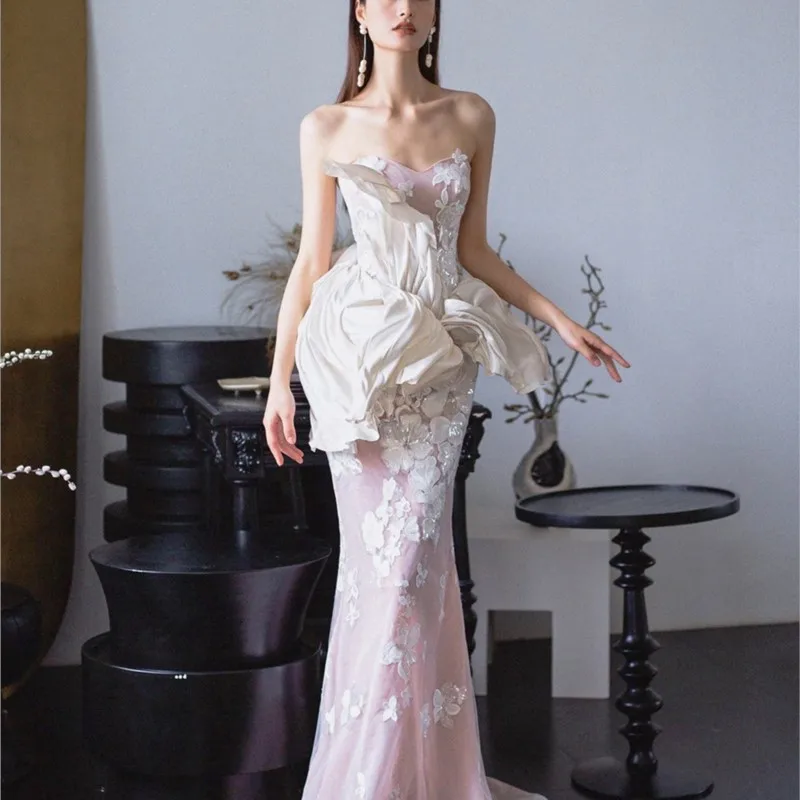 Welcome light yarn fishtail toast banquet heavy industry dress