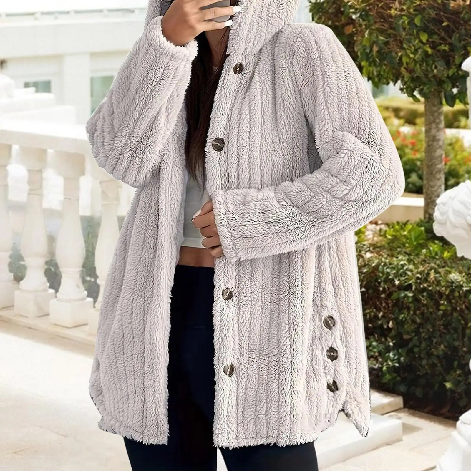 

Осенне-зимняя плюшевая теплая пижамная куртка для женщин, модные домашние пушистые куртки с капюшоном на пуговицах, свободные удобные пижамные пальто