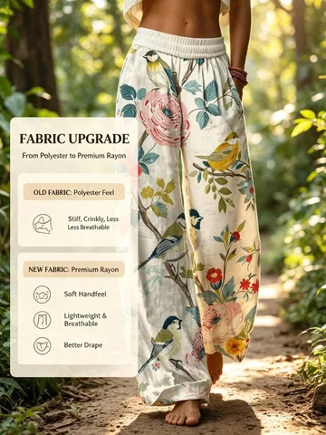 Vintage Grandma-Style Wide-Leg Pants, Featuring Floral and Bird Patterns, with Ribbed Cuffs and a Drawstring Waistband at the Waist. Bohemian Style Design, Perfect for Summer Beach or Tropical Vacation Outfits.