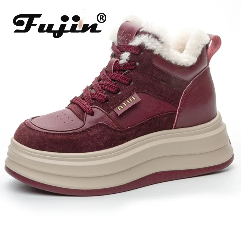 Fujin 7cm Synthetic Suede Cow Genuine Leather Chunky Sneakers High Brand Big Size Plush Women Spring Autumn Ankle Booties Shoes