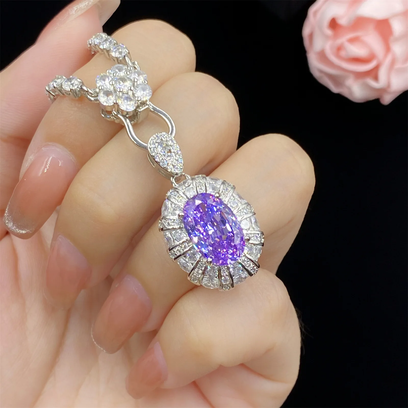 Noble Oval Violet Cubic Zirconia Jewelry Sets Women Romantic Grace Shiny Necklace Earrings Ring Appointment Daily Wear Accessory