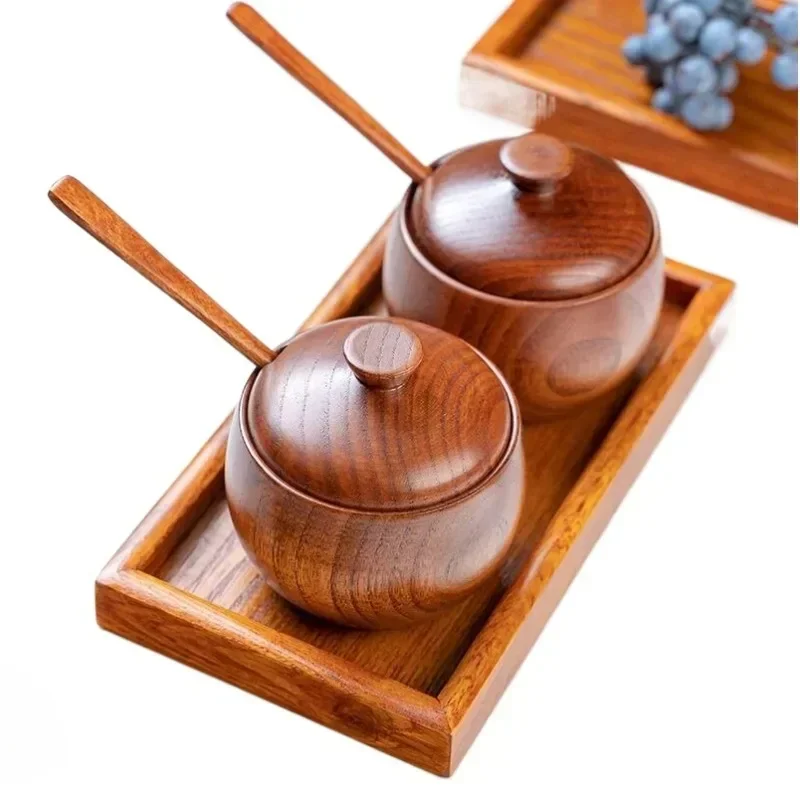 Solid Wood Seasoning Jar with Lid Wooden Salt Jar Kitchen Seasoning  Sugar Bowl Pepper Storage Box Spoon Spice Jar