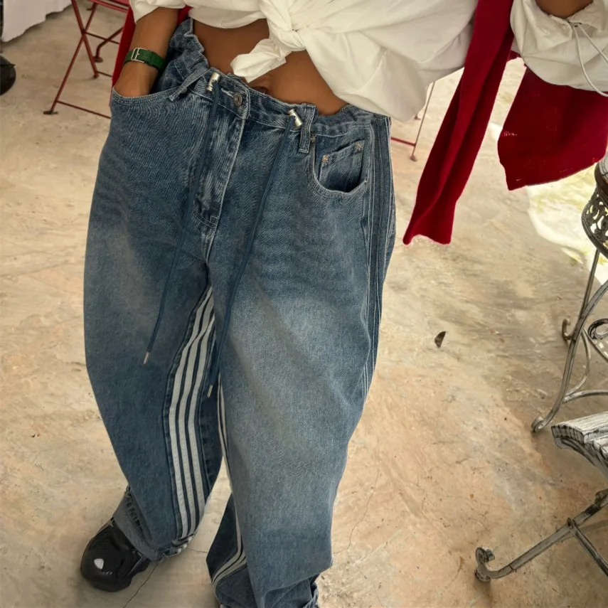 

2026 New Chic Korean Style Patchwork Adjustable Waist Corded Drawstring Vintage Denim Pants Ladies Standard Fit Natural Waist