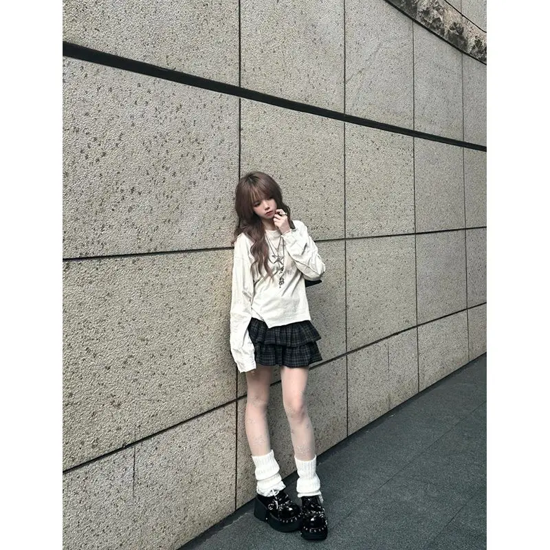 Pure Desire Spice Girl Splicing T-shirt met lange mouwen Dames Herfst Luie stijl Ontwerp Losse eenvoudige top Taartrok Tweedelige set