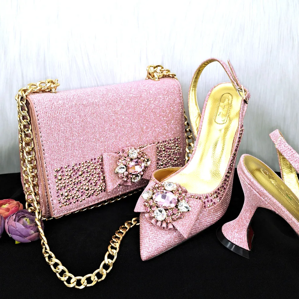 

Porpurlar Pink High Heels 9CM Women Pointed Toe Shoes Match Crystal Handbag African Dressing Pumps And Bag Set MM1147