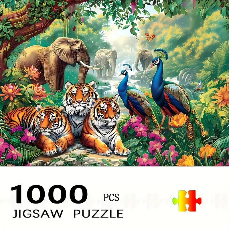 Puzzle elefante tigre giungla da 1000 pezzi - Grande puzzle giocattolo con tigri, elefanti, pavoni - Attività educativa per la fauna selvatica per A