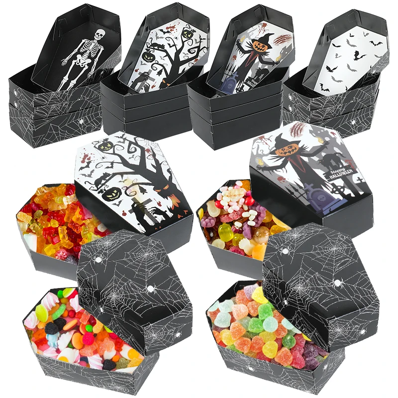 12pcs Halloween Coffin Shaped Candy Box Bat Pumpkin Skeleton Spider Pattern Baked Dessert Halloween Party Gift Packaging Box