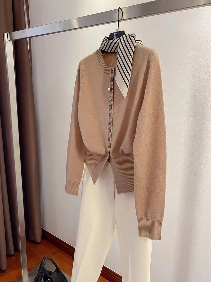 2022 Spring and Autumn round collar waist slit long sleeves 100% pure wool cardigan coat