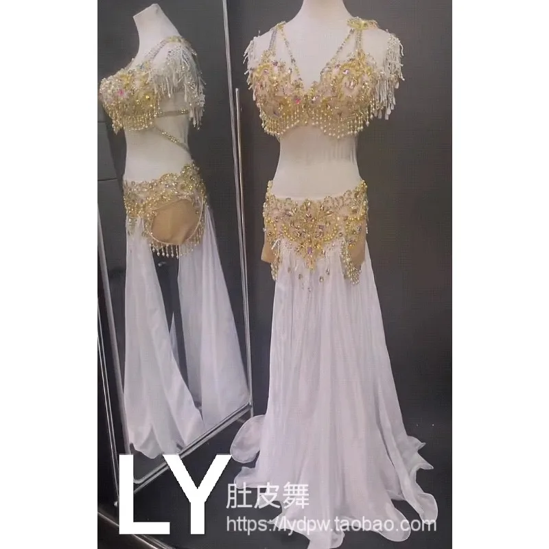 أزياء الرقص الشرقي المخصصة أداء الرقص الشرقي زي أبيض كبير تنورة المنافسة الذهب الصناعة الثقيلة الحرف اليدوية