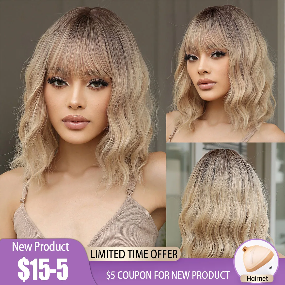 Short Wavy Bob Synthetic Wigs Brown Blonde Ombre Hair Wigs for Women with Bangs Cosplay Lolita Natural Wig Heat Resistant Fiber