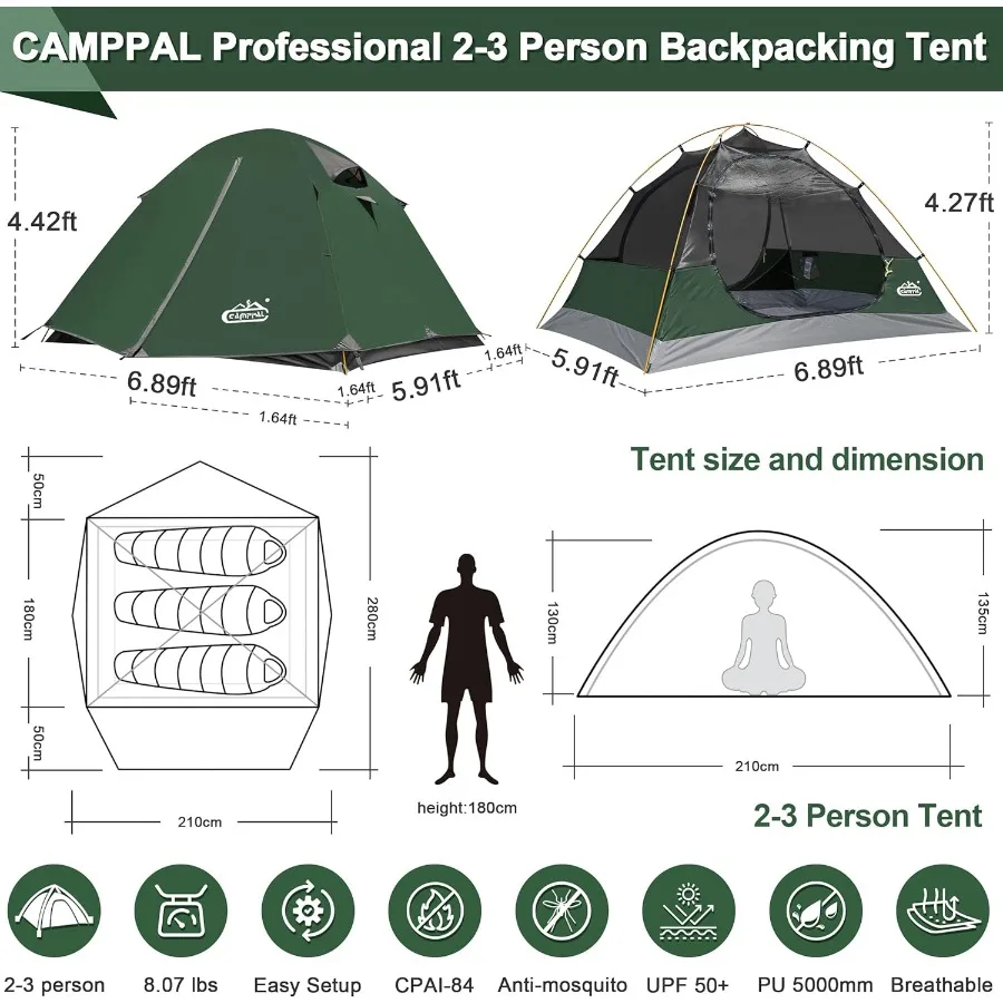 خيمة ظهر 23 شخصًا مع باب مزدوج 2 لدهليز مقاومة للماء والرياح وخفيفة الوزن وسهلة الإعداد 3 الموسم 2 رجل لشخصين
