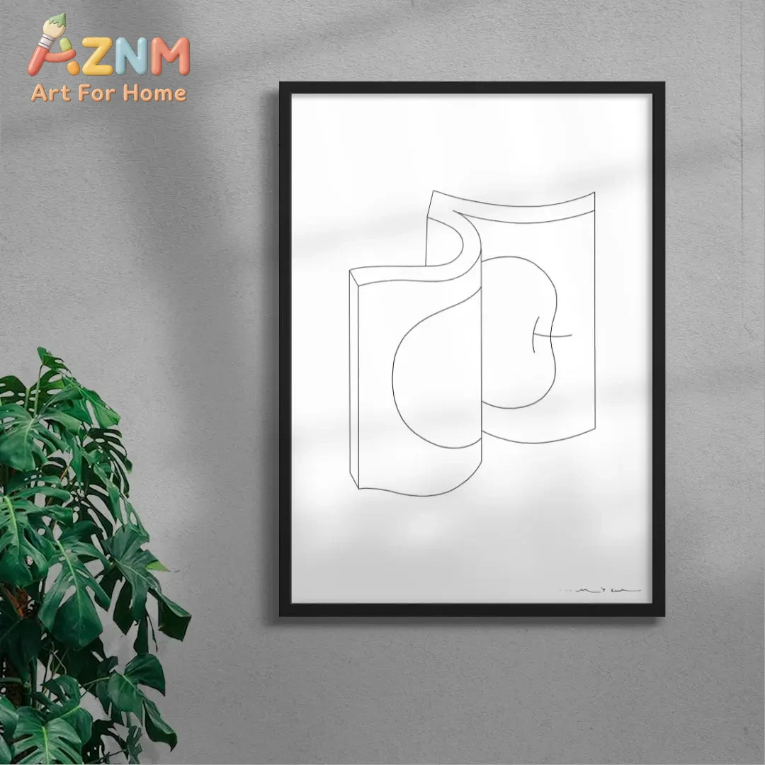 

Минималистичный абстрактный настенный принт с линейным рисунком яблока и книги в рамке - сюрреалистический натюрморт для декора любителей книг