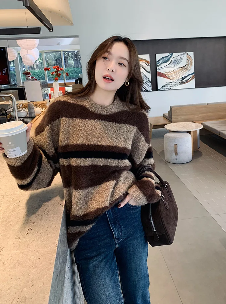 

Autumn Winter New Circle Yarn Stripe 100% Pure Woolen Sweater Female Round Neck Jumper Loose Thick Warm Knit Bottom Shirt Top