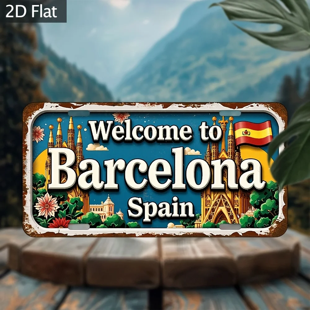 2D Flat, 1pc Barcelona Spanish Vintage Gothic Flag Wall Sign - 30.48x15.24 cm Aluminum Metal Catalan Suitable for, Office, Bar D