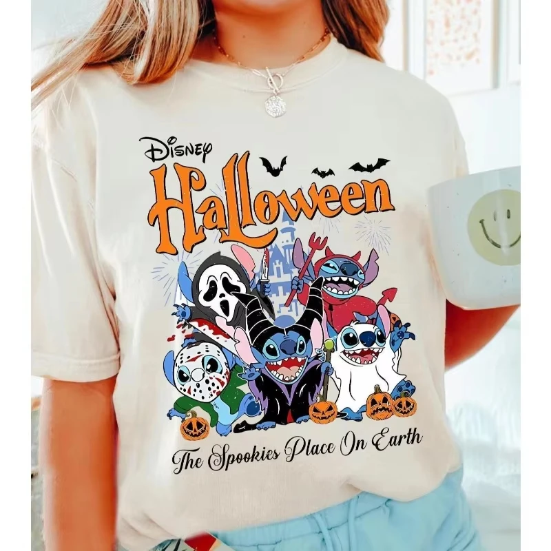 MINISO الكرتون رسمت باليد تي شيرت ديزني هالوين المرأة حجم كبير الاتجاه الأمريكي فضفاض عادية قصيرة الأكمام