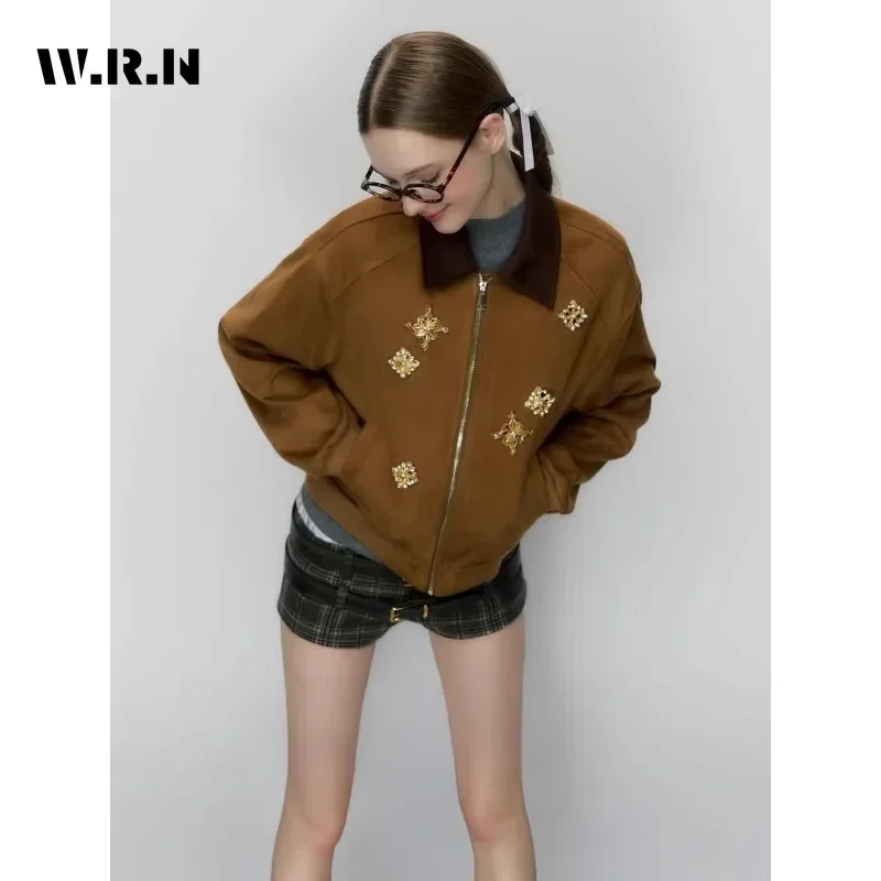 2024 Winter Female Vintage Style Loose Zipper Turn Down Collar Jacket For Women Street Patchwork Fashion Appliques Coat Top