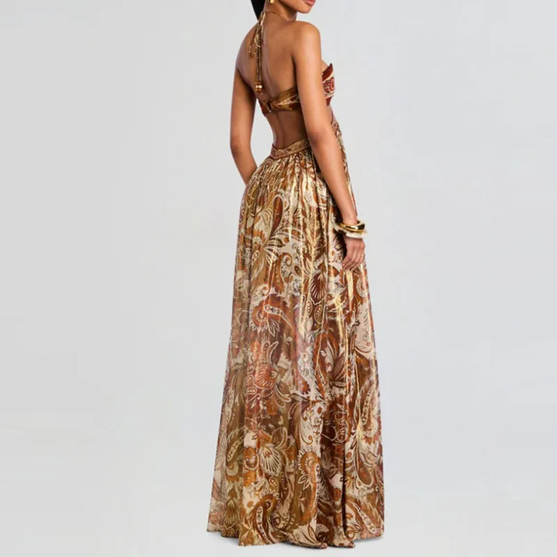Vestido de playa bohe elegante con espalda descubierta y cordones, vestido de fiesta con estampado de patrón Vintage, vestido largo plisado sin mangas con cuello Halter sexi para mujer