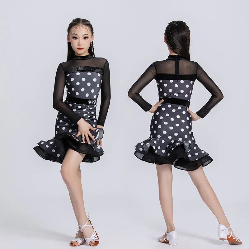 customized-children's-latin-dance-dress-art-exam-clothing-competition-performance-training-long-sleeve-black-polka-dot-costumes