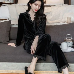 Sexy Black Velvet 2PCS Pajamas Set Sleepwear Autumn Long Sleeve pyjama Trouser Suits Loose Casual Home Clothes Lounge Wear