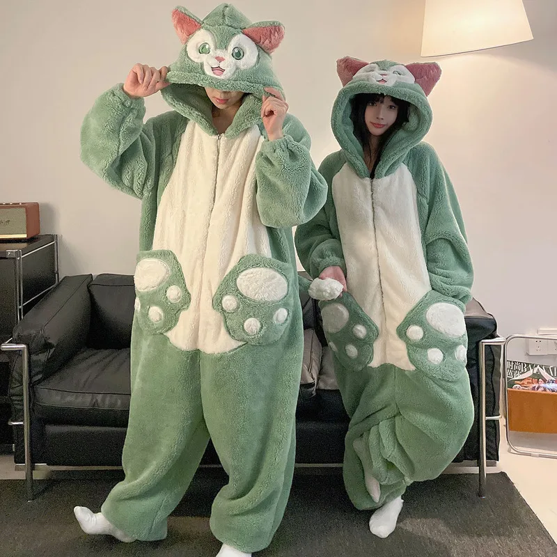New Stitch Jumpsuit Couple Pajamas Women'S Coral Fleece Thickened Autumn And Winter Zipper Cartoon Home Clothes Warm And Comfort